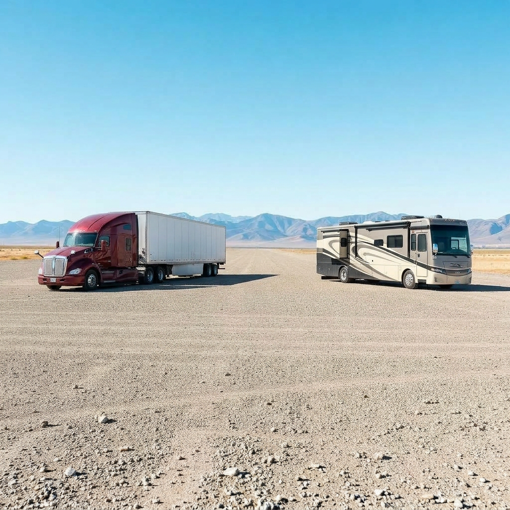 Red semi-truck day cab parked on a wide open gravel lot with Tehachapi mountains in the distance