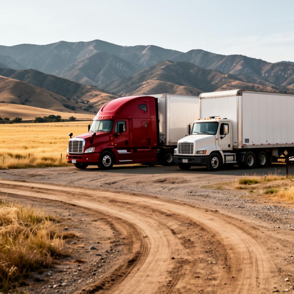 Red semi-truck day cab parked on a wide open gravel lot with Tehachapi mountains in the distance