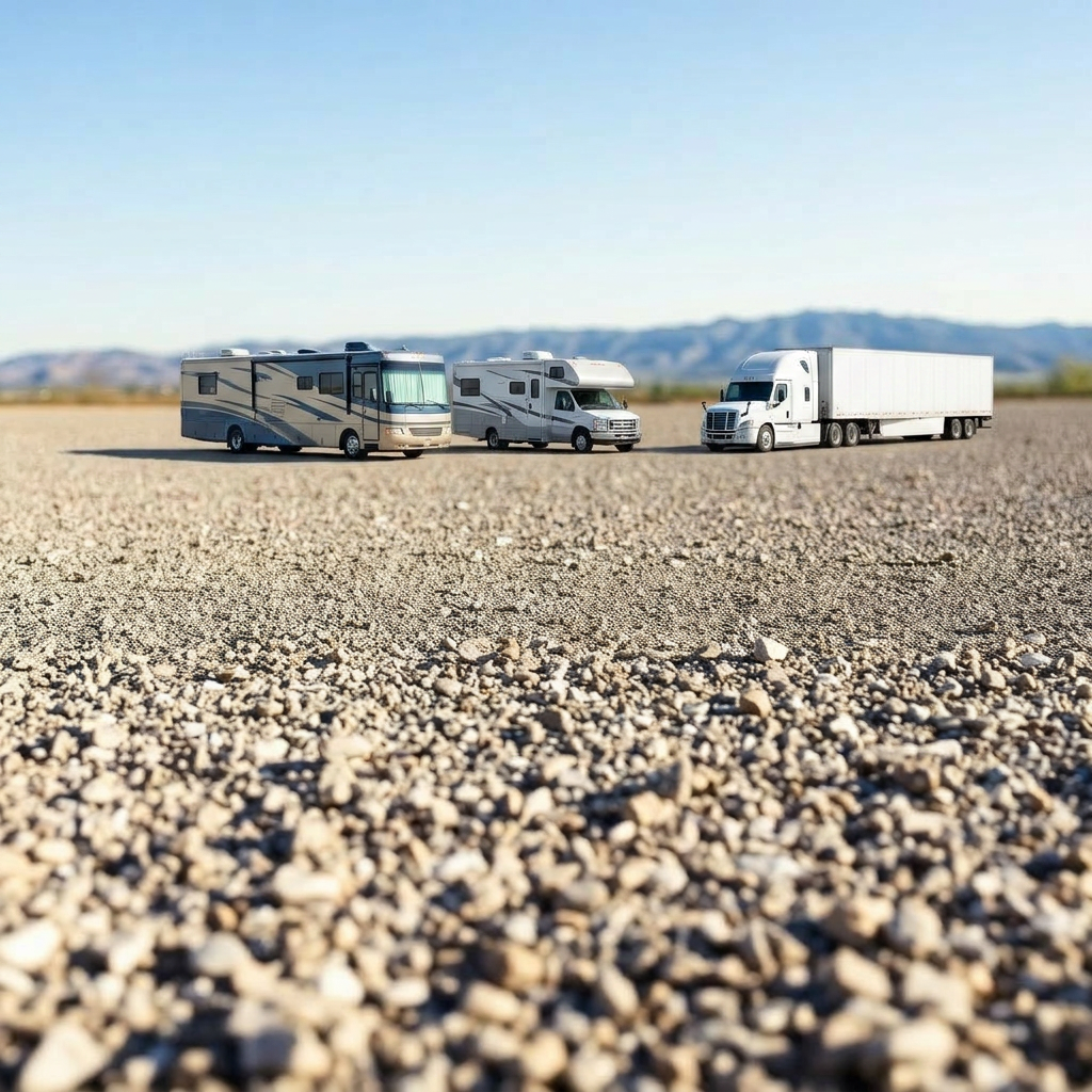 Travel trailer parked alone on a wide open compacted gravel field at Pass & Park Tehachapi