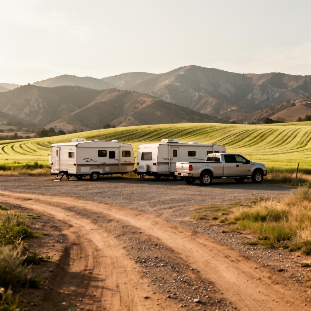 Travel trailer parked alone on a wide open compacted gravel field at Pass & Park Tehachapi