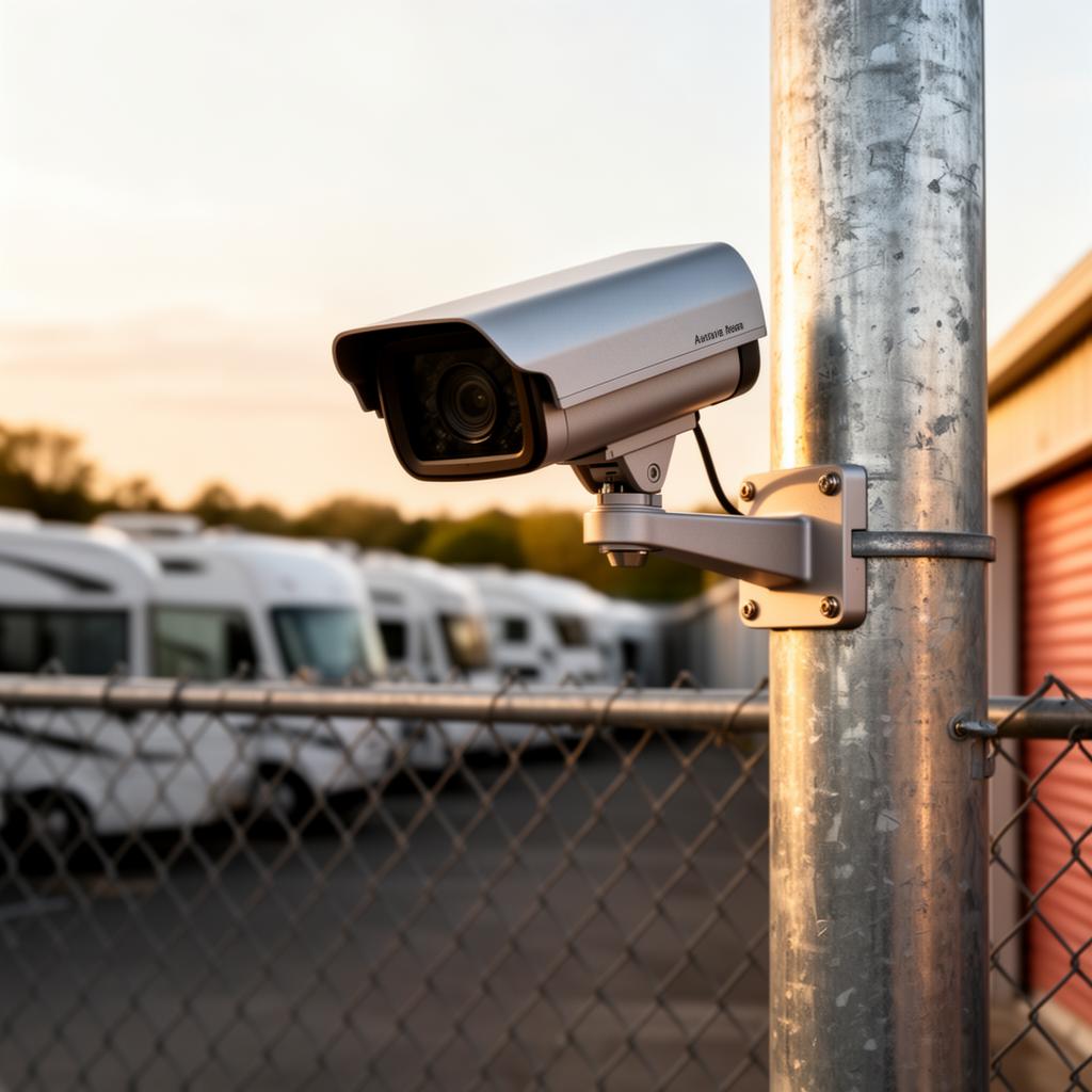 HD security camera mounted on a galvanized pole monitoring rows of stored RVs
