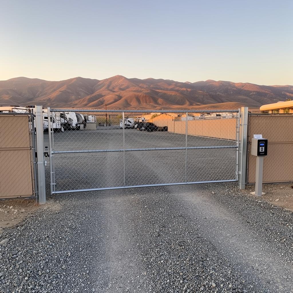 Secure gated entrance to Pass & Park storage yard at dusk