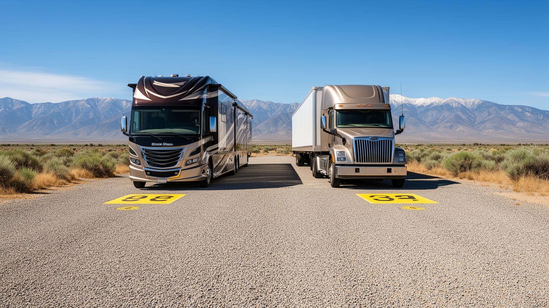 Wide pull-through gravel storage row with a class-A motorhome and a 53ft semi-truck parked at Pass & Park Tehachapi