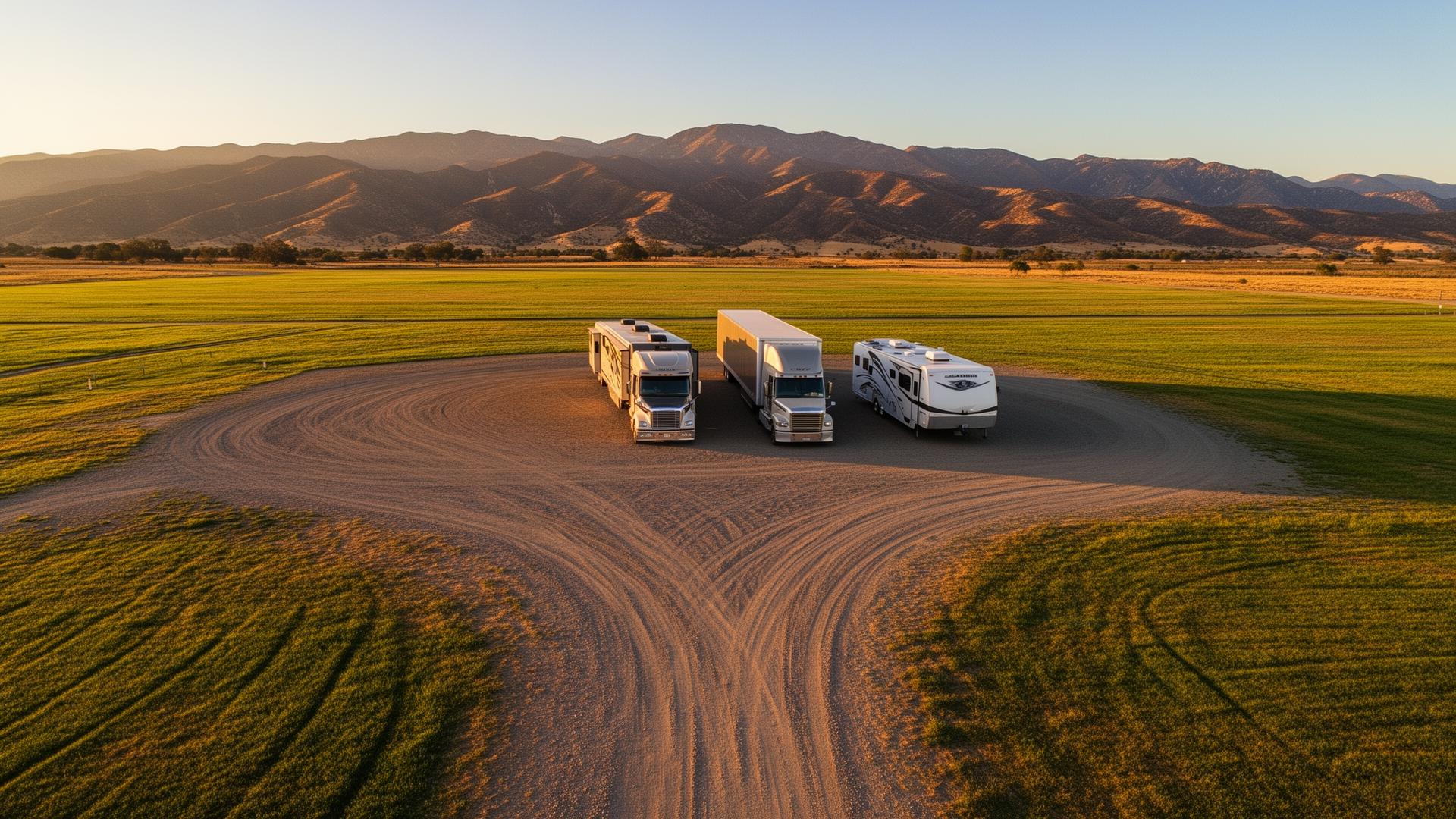 Wide pull-through gravel storage row with a class-A motorhome and a 53ft semi-truck parked at Pass & Park Tehachapi
